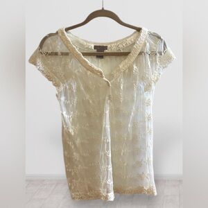 Y2K Cream White Sheer Lace Top Short Sleeve Cottage Blouse Embroidery Buttons S